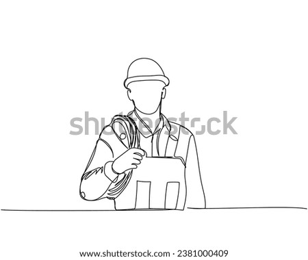 Builder with cable, hose in work uniform, protective overalls, hard hat, electrician one line art. Continuous line drawing of repair, professional, hand, people, concept, support, maintenance.