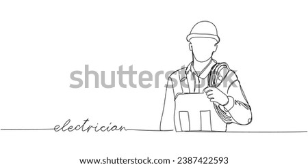 Electrician, builder with cable one line art. Continuous line drawing of repair, professional, hand, people, concept, support, maintenance with inscription, lettering, handwritten.