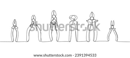 Set of construction wire cutters, pliers, vise grip, swagers one line art. Continuous line drawing of repair, professional, hand, people, concept, support, maintenance.