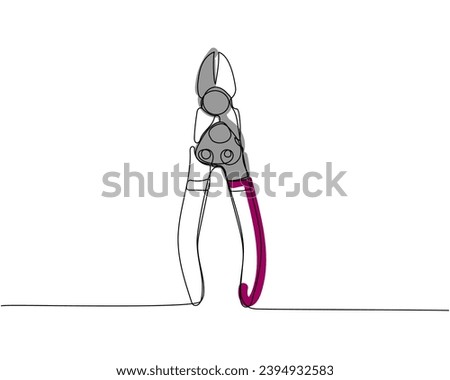 Construction wire cutters, pliers, vise grip, swagers one line art. Continuous line color drawing of repair, professional, hand, people, concept, support, maintenance. Hand drawn vector illustration