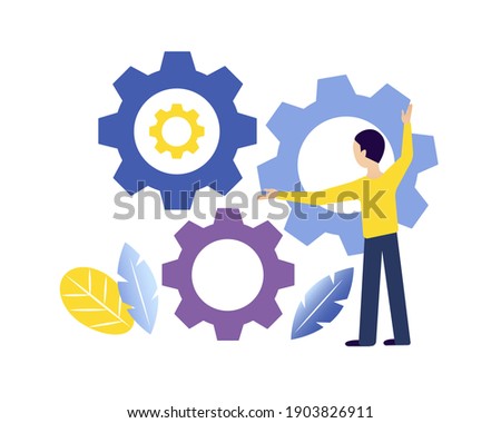 Man is turning gears. Working process, searching for ideas and solutions, business processes running, startup, studying, work motion graphics concept vector illustration.