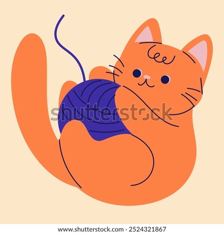 A cute playful red cat . Illustration in flat cartoon style. For print, logo, children's clothing design, postcard