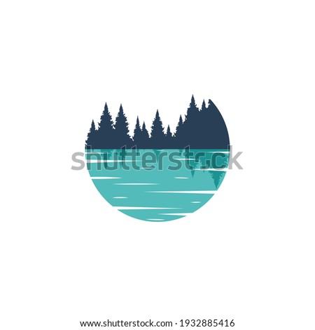 Vector circle Lake logo template. Illustration of a blue, azure lake with the silhouette of a forest. Reflection of the forest in the water.