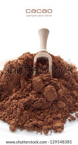 Heap of cocoa powder with wooden scoop isolated on the white background