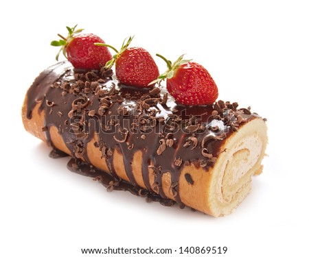 Chocolate swiss roll cake with strawberries on the white background
