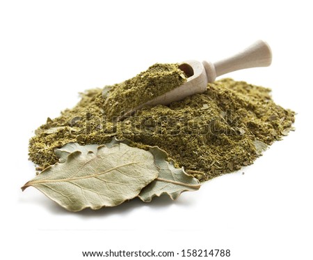 Bay leaf and crushed bay leaves isolated on white background