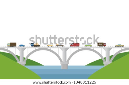 Vector illustration. Bridge with cars on a white background.