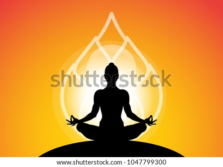 woman meditating in sitting yoga position on the top of a mountains at sunset and lotus background. Zen, meditation, peace, Vector illustrations
