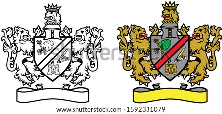 Full color and black and white set of traditional vector illustrated royal heraldry crests or coat of arms badges with shields and blank banner scrolls graphic design logo template easy to edit