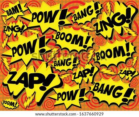 Bright colored vector onomatopoeia comic book cartoon fight speak bubbles and bursts background. Boom, bang, pow, zap, zing, bam easy to edit