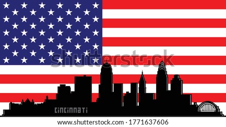 Modern illustration of the city of Cincinnati Ohio downtown buildings skyline silhouette with red, white and blue stars and stripes American flag background Illustrator 10 eps vector graphic design