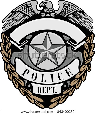Police Dept. Officer badge emblem illustration with eagle, star, wreath and blank banner scroll. Multi color silver gray, gold and black. Illustrator eps vector graphic design.