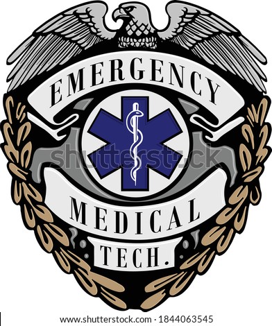 Emergency Medical Tech badge logo with eagle, wings, wreath and caduceus medic symbol with snake. Multi color, blue, gold, silver gray and black. Illustrator eps vector graphic design.