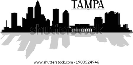 Modern illustration of the city of Tampa Florida downtown buildings skyline silhouette in black and white with shadow reflecting. Illustrator eps vector graphic design. 