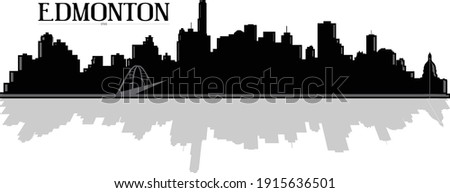Modern black and white illustration of the city of Edmonton Alberta Canada downtown buildings skyline silhouette with bridge and shadow reflection. Illustrator eps vector graphic design.