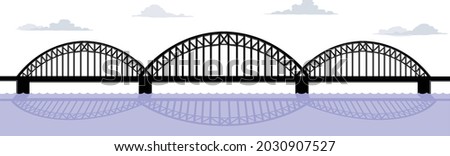 Modern landscape silhouette illustration of a bridge over water with reflection and clouds in the sky. Vector eps graphic design.