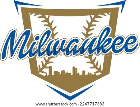 Custom illustrated logo design of the city Milwaukee Wisconsin skyline silhouette inside home plate with baseball stitching. Vector eps graphic design.