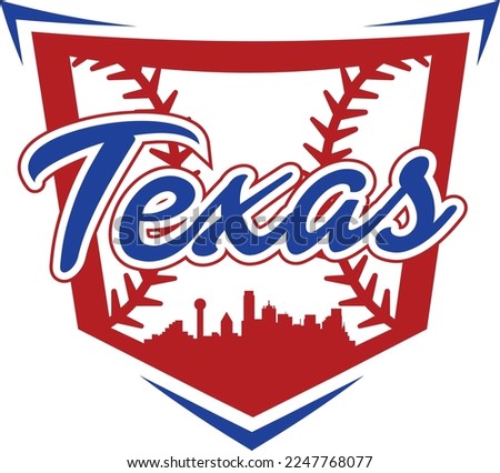 Custom illustrated baseball logo with the city of Dallas Texas skyline silhouette inside of home plate and baseball or softball stitching. Vector eps graphic design.
