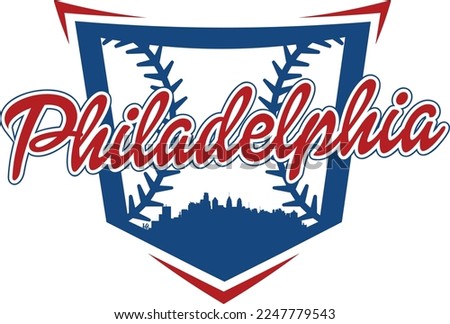 Custom illustrated baseball logo with the city of Philadelphia Pennsylvania skyline silhouette inside of home plate and base ball or softball stitching. Vector eps graphic design.