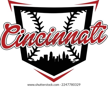 Custom illustrated baseball logo with the city of Cincinnati Ohio skyline silhouette inside of home plate and baseball or softball threads. Vector eps graphic design.