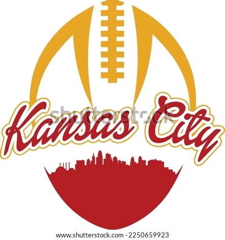 Custom illustrated football style logo with skyline silhouette of Kansas City downtown buildings and laces up above. Vector eps graphic design.