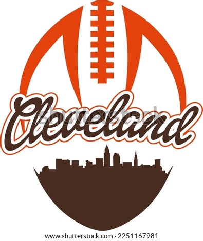 Custom illustrated football style logo with the city skyline silhouette of downtown Cleveland Ohio under the name with laces up above. Vector eps graphic design.
