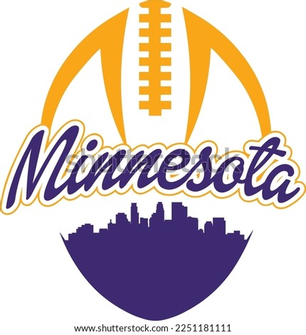 Custom illustrated football style logo with the city skyline silhouette of downtown Minneapolis Saint Paul Minnesota under the name with laces up above. Vector eps graphic design.