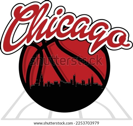 Custom illustrated basketball logo with the skyline buildings silhouette of Chicago Illinois City inside on the court and script text up above. Vector eps graphic design.