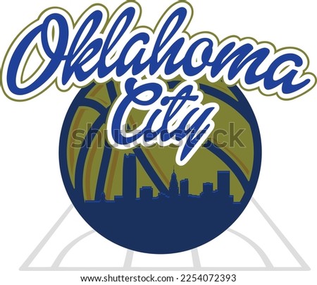 Custom illustrated basketball logo with the skyline buildings silhouette of Oklahoma City Oklahoma inside on the court and script text up above. Vector eps graphic design.