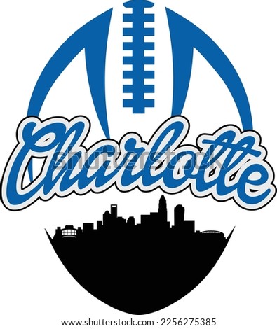 Custom illustrated football style logo with the city skyline silhouette of downtown Charlotte North Carolina under the name with laces up above. Vector eps graphic design.