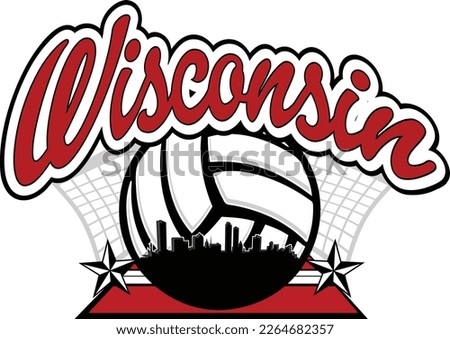Custom illustrated color volleyball logo with the city skyline silhouette of downtown Milwaukee Wisconsin inside ball with court and net in the background and text above. Vector eps graphic design.