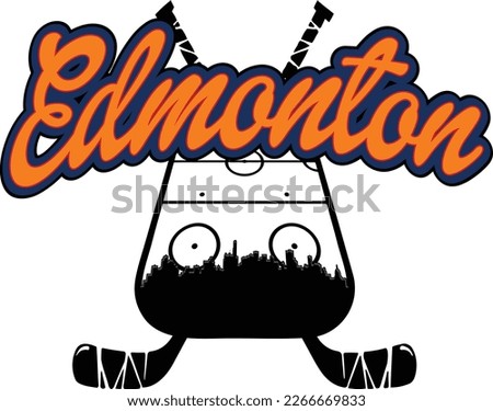 Custom illustrated hockey logo with the city skyline silhouette of Edmonton Alberta Canada with hockey rink and sticks and text up above. Vector eps graphic design.
