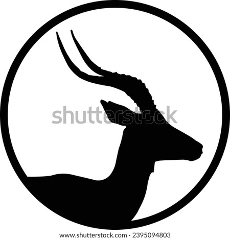 Round stamp style black and white impala silhouette icon. Vector eps graphic design.