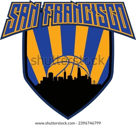 Badge style emblem with downtown San Francisco California skyline silhouette inside shield with basketball in background and lettering above. Vector eps custom graphic.
