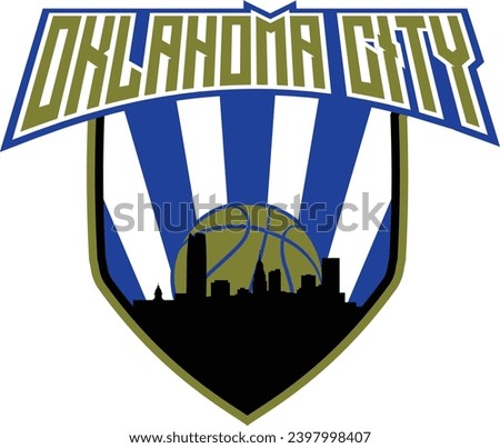 Badge style emblem with downtown Oklahoma City skyline silhouette inside shield with basketball in background and lettering above. Vector eps custom graphic.