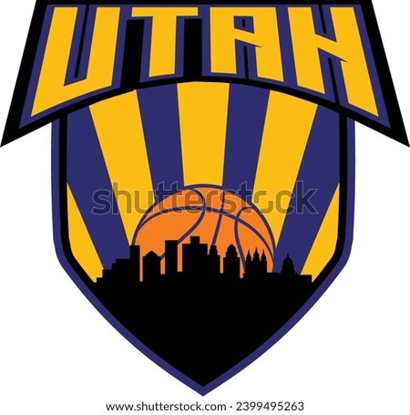 Badge style emblem with downtown Salt Lake City Utah skyline silhouette inside shield with basketball in background and lettering above. Vector eps custom graphic.