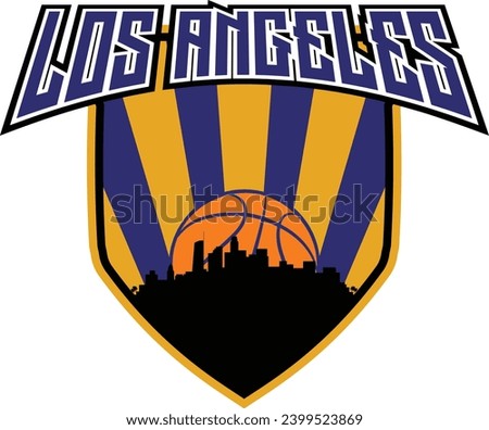 Badge style emblem with downtown Los Angeles California skyline silhouette inside shield with basketball in background and lettering above. Vector eps custom graphic.