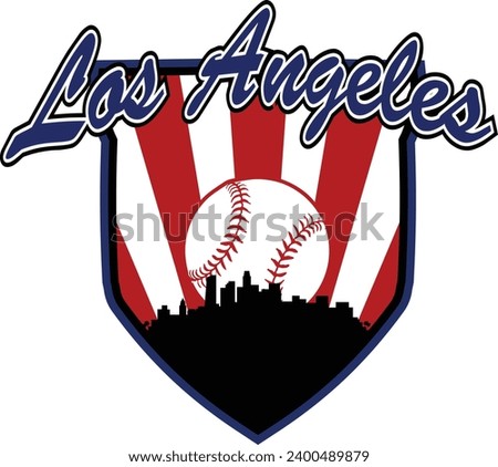 City of Los Angeles California skyline silhouette baseball icon with ball inside home plate shaped shield and script lettering above. Vector eps graphic design.