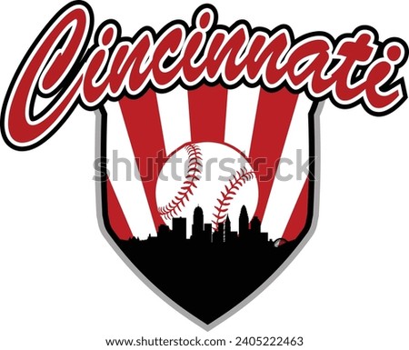 City of Cincinnati Ohio skyline silhouette baseball icon with ball inside home plate shaped shield and script lettering above. Vector eps graphic design.