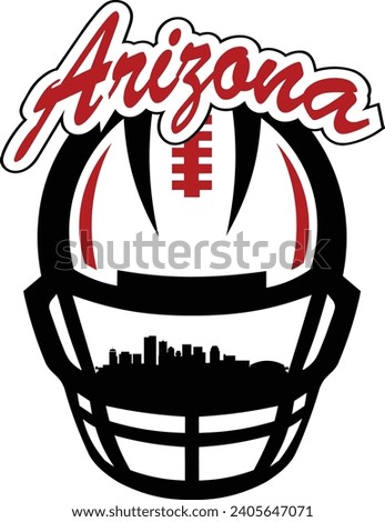 City of Phoenix Arizona downtown buildings skyline silhouette inside face mask of football helmet with laces and script lettering above. Vector eps graphic design.