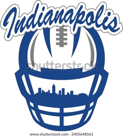 City of Indianapolis Indiana downtown buildings skyline silhouette inside face mask of football helmet with laces and script lettering above. Vector eps graphic design.