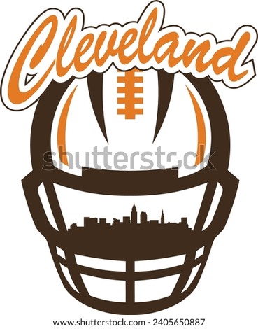 City of Cleveland Ohio downtown buildings skyline silhouette inside face mask of football helmet with laces and script lettering above. Vector eps graphic design.