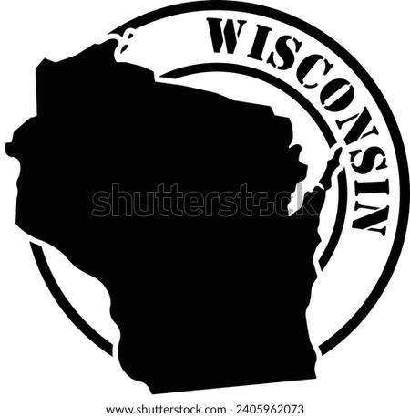Black and white stencil silhouette shape of the American state of Wisconsin inside a circular stamp or seal style design with text. Vector eps graphic.