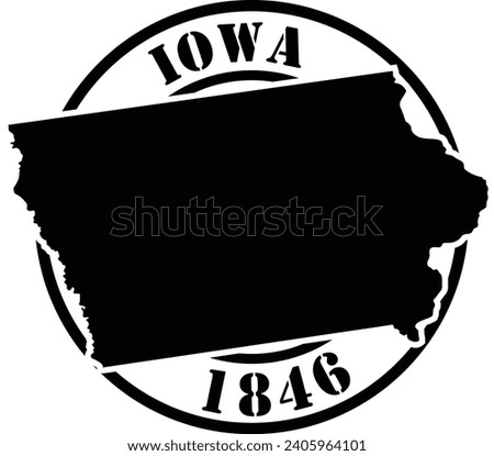 Black and white stencil silhouette shape of the American state of Iowa inside a circular stamp or seal style design with text. Vector eps graphic.