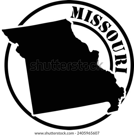 Black and white stencil silhouette shape of the American state of Missouri inside a circular stamp or seal style design with text. Vector eps graphic.