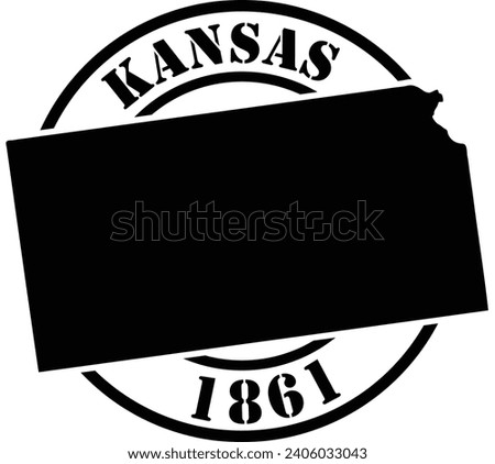 Black and white stencil silhouette shape of the American state of Kansas inside a circular stamp or seal style design with text. Vector eps graphic.