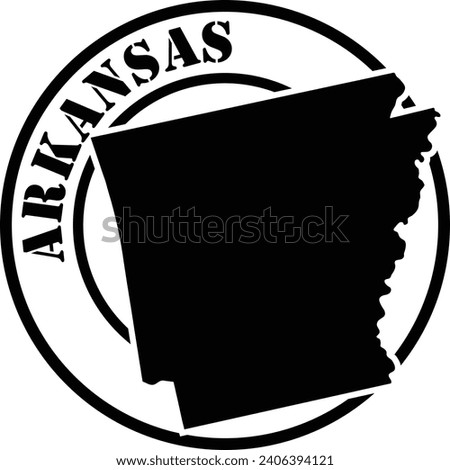 Black and white stencil silhouette shape of the American state of Arkansas inside a circular stamp or seal style design with text. Vector eps graphic.