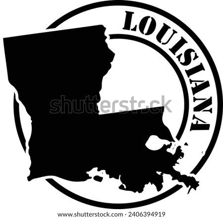 Black and white stencil silhouette shape of the American state of Louisiana inside a circular stamp or seal style design with text. Vector eps graphic.