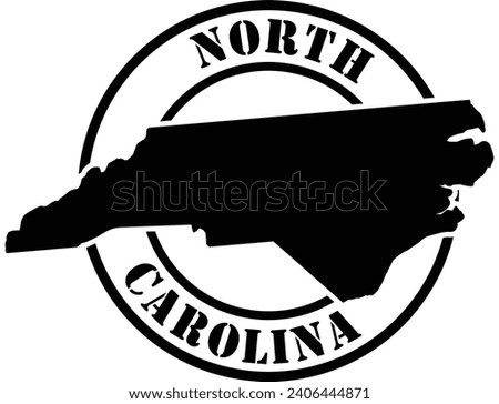 Black and white stencil silhouette shape of the American state of North Carolina inside a circular stamp or seal style design with text. Vector eps graphic.