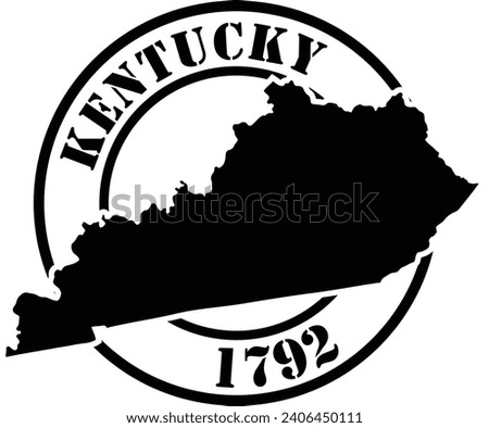 Black and white stencil silhouette shape of the American state of Kentucky inside a circular stamp or seal style design with text. Vector eps graphic.